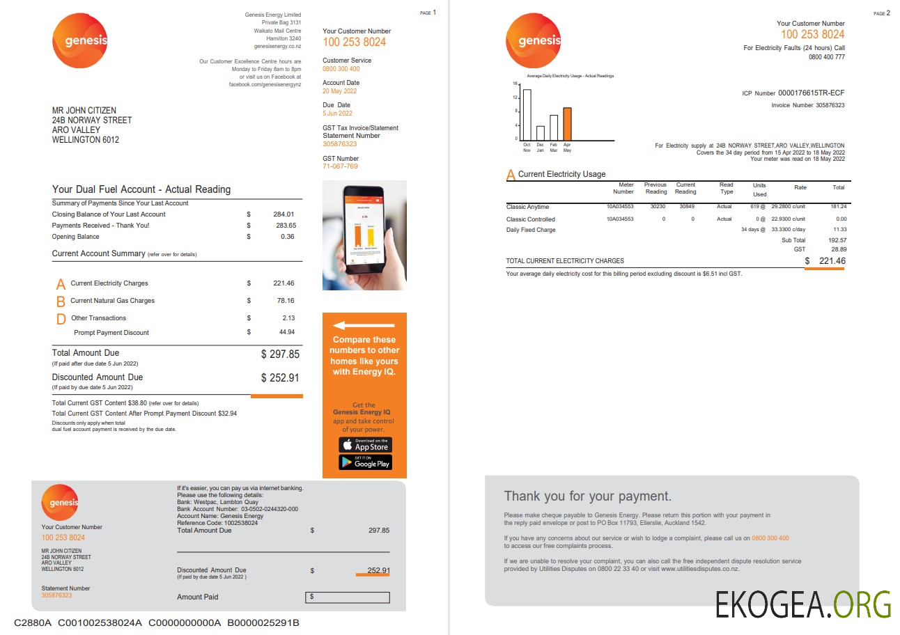 New Zealand Genesis Gas utility bill template in Word and PDF format, 3 pages 1